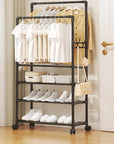 Lukzer Multi-Layer Clothing Organizer Rack with Wheels & Hanging Rod | Freestanding Metal Organizer Stand for Home, Bedroom, Balcony & Dorm | Space-Saving Garment Hanger | Modern DIY Assembly (White/Black)