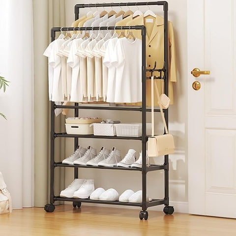 Lukzer Multi-Layer Clothing Organizer Rack with Wheels & Hanging Rod | Freestanding Metal Organizer Stand for Home, Bedroom, Balcony & Dorm | Space-Saving Garment Hanger | Modern DIY Assembly (White/Black)