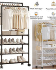 Lukzer Multi-Layer Clothing Organizer Rack with Wheels & Hanging Rod | Freestanding Metal Organizer Stand for Home, Bedroom, Balcony & Dorm | Space-Saving Garment Hanger | Modern DIY Assembly (White/Black)