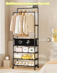 Lukzer Multi-Layer Clothing Organizer Rack with Wheels & Hanging Rod | Freestanding Metal Organizer Stand for Home, Bedroom, Balcony & Dorm | Space-Saving Garment Hanger | Modern DIY Assembly (White/Black)