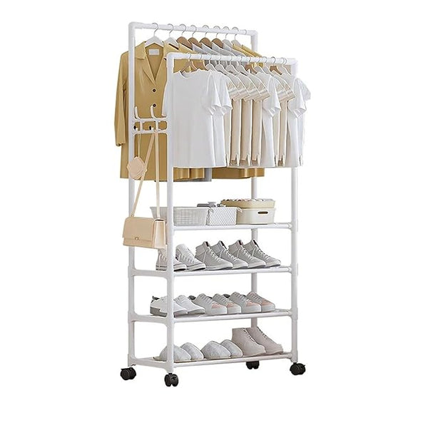 Lukzer Multi-Layer Metal Clothes Organizer Rack with Wheels White
