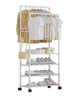 Lukzer Multi-Layer Clothing Organizer Rack with Wheels & Hanging Rod | Freestanding Metal Organizer Stand for Home, Bedroom, Balcony & Dorm | Space-Saving Garment Hanger | Modern DIY Assembly (White/Black)