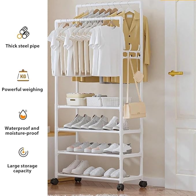 Lukzer Multi-Layer Clothing Organizer Rack with Wheels &amp; Hanging Rod | Freestanding Metal Organizer Stand for Home, Bedroom, Balcony &amp; Dorm | Space-Saving Garment Hanger | Modern DIY Assembly (White/Black)