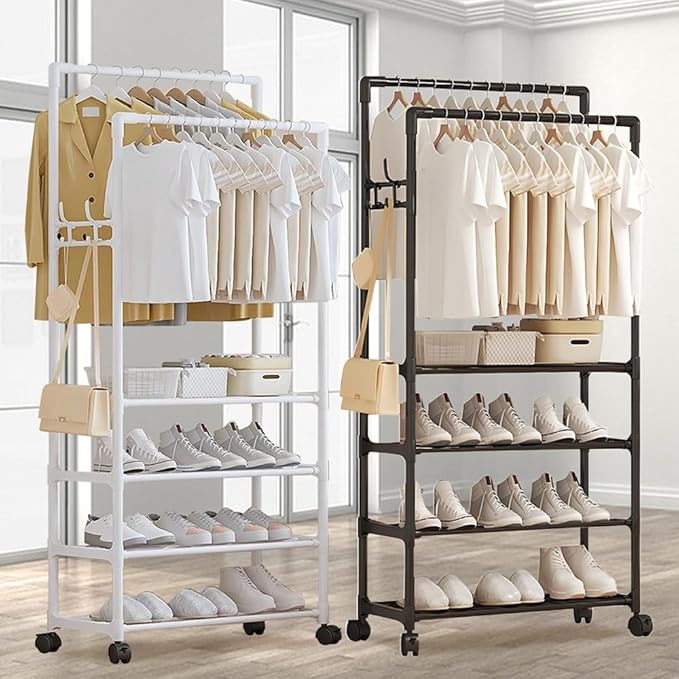 Lukzer Multi-Layer Clothing Organizer Rack with Wheels &amp; Hanging Rod | Freestanding Metal Organizer Stand for Home, Bedroom, Balcony &amp; Dorm | Space-Saving Garment Hanger | Modern DIY Assembly (White/Black)