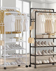 Lukzer Multi-Layer Clothing Organizer Rack with Wheels & Hanging Rod | Freestanding Metal Organizer Stand for Home, Bedroom, Balcony & Dorm | Space-Saving Garment Hanger | Modern DIY Assembly (White/Black)