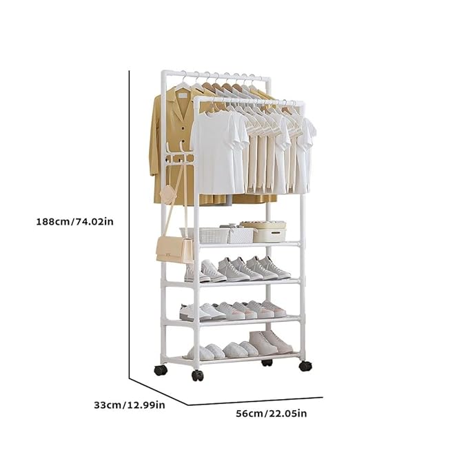 Lukzer Multi-Layer Clothing Organizer Rack with Wheels &amp; Hanging Rod | Freestanding Metal Organizer Stand for Home, Bedroom, Balcony &amp; Dorm | Space-Saving Garment Hanger | Modern DIY Assembly (White/Black)