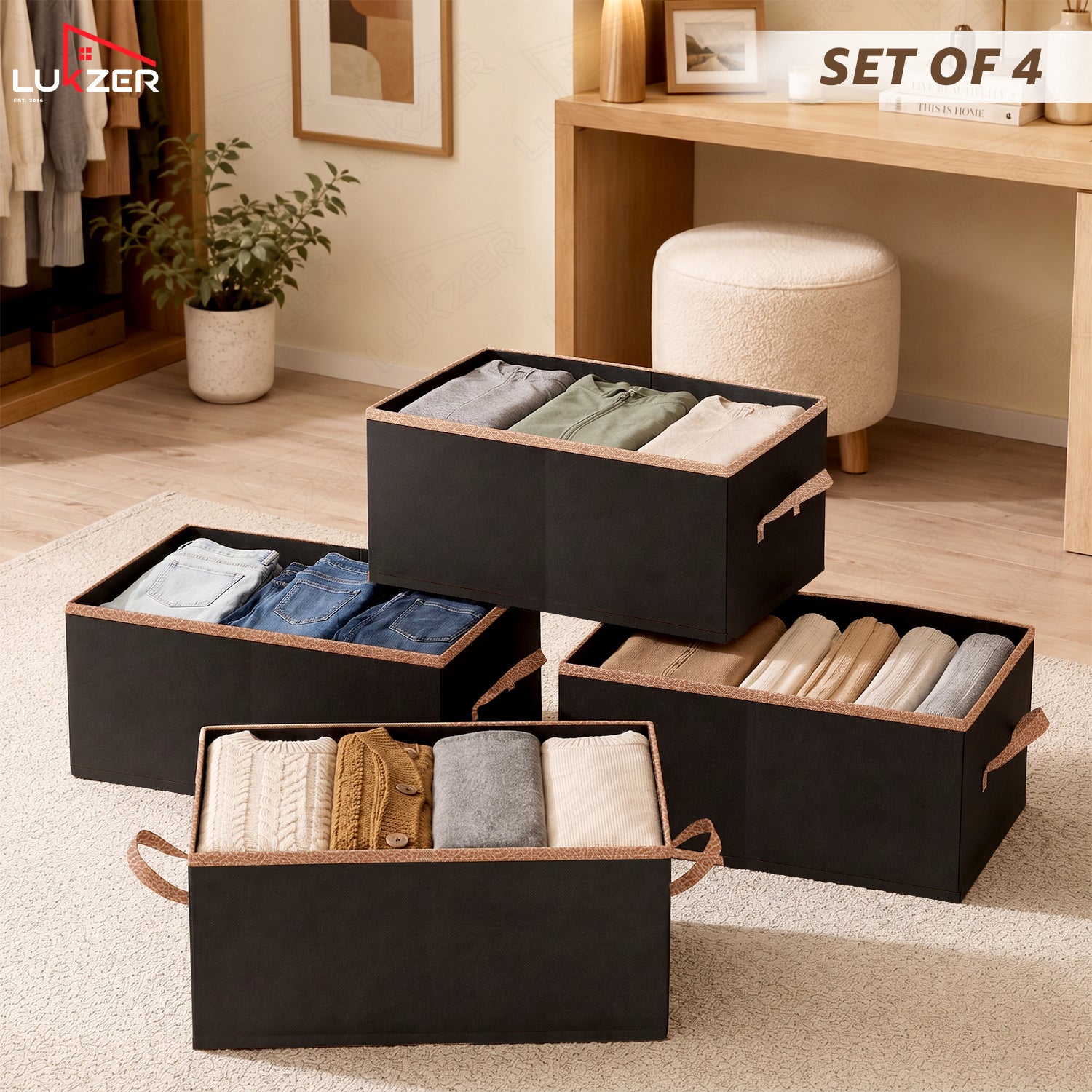 Lukzer 1Pc Black Foldable Clothes Organiser Storage Box (non-woven)
