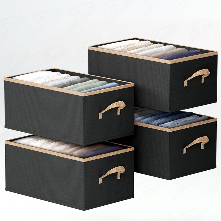Lukzer 26 Liters Foldable Non-Woven Storage Box/Wardrobe Organizer with Handles - Pack of 04 / Black - WO-01-04