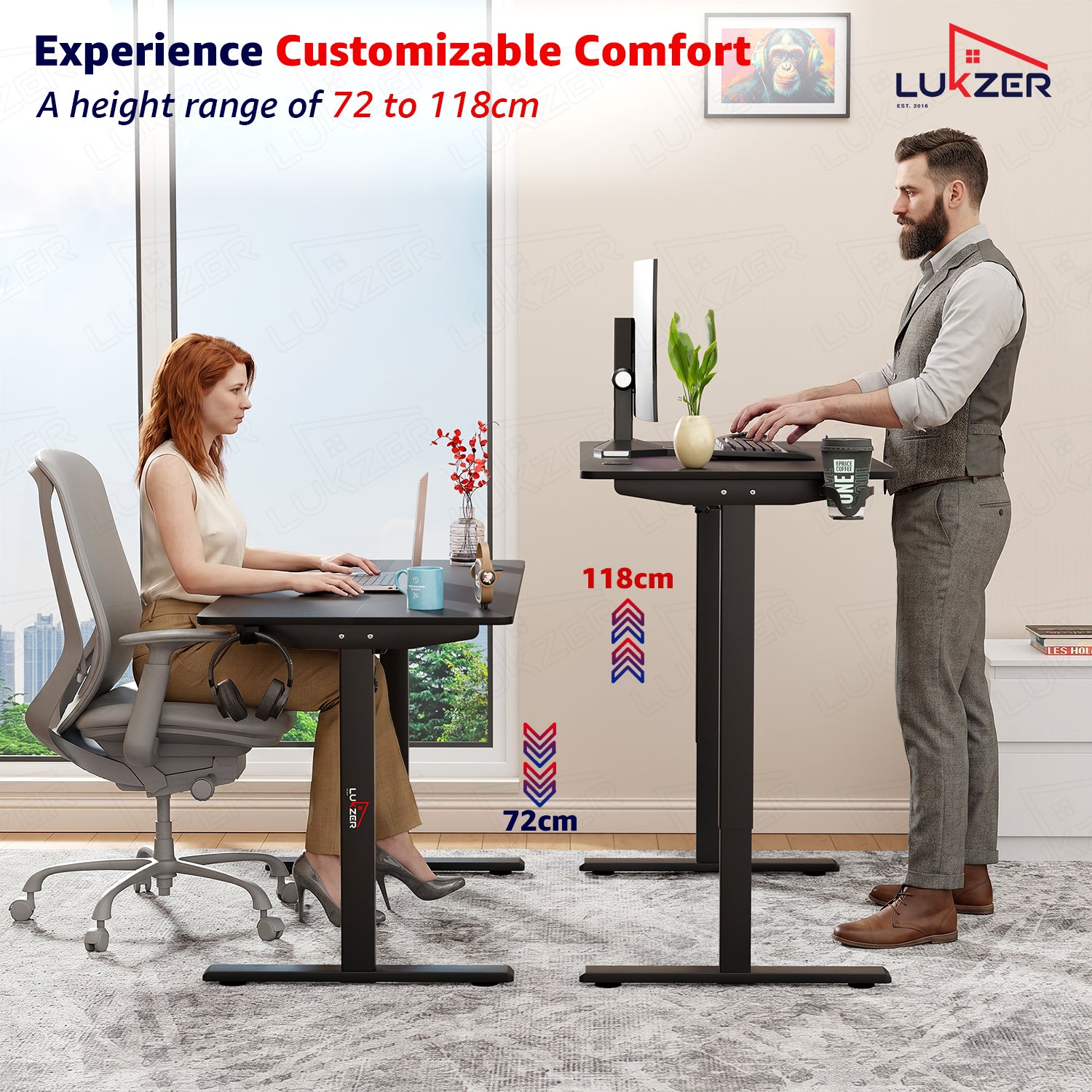Lukzer Electric Automatic Height Adjustable Sit Stand Desk EST-003 ( Black & Black) 3-Years Warranty