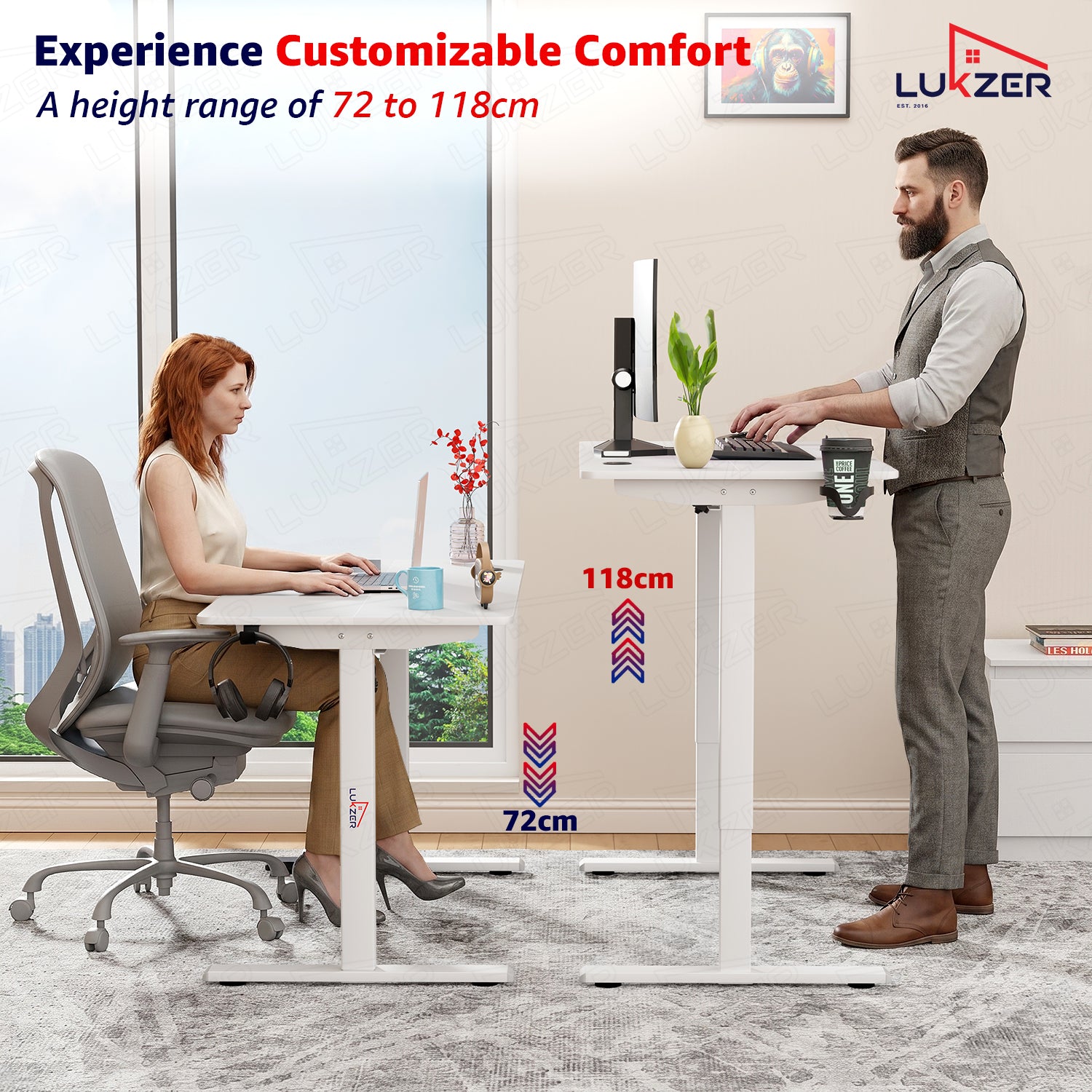 Lukzer Electric Automatic Height Adjustable Sit Stand Desk EST-003 ( White & White ) 3-Years Warranty