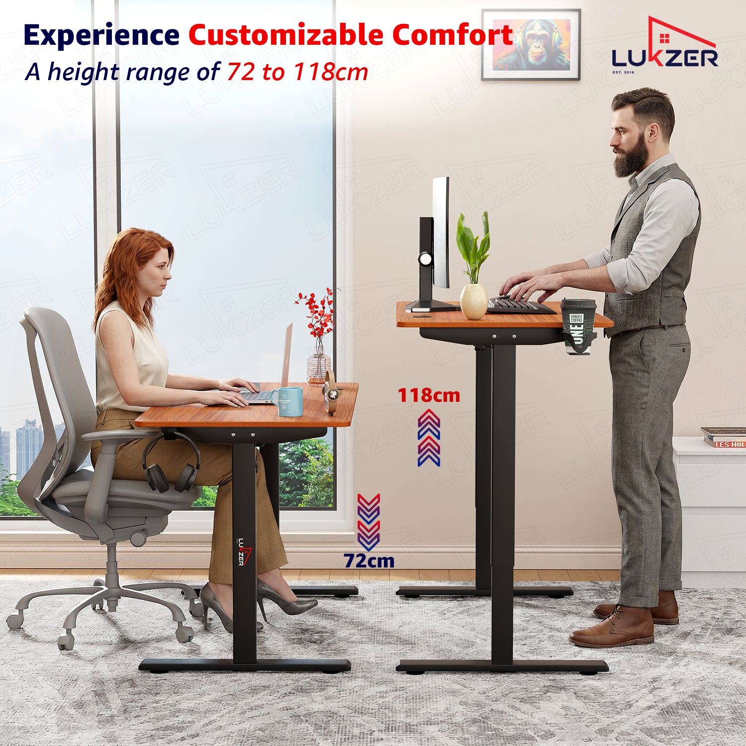 Lukzer Electric Automatic Height Adjustable Sit Stand Desk EST-003 ( Black & Oak Brown ) 3-Years Warranty