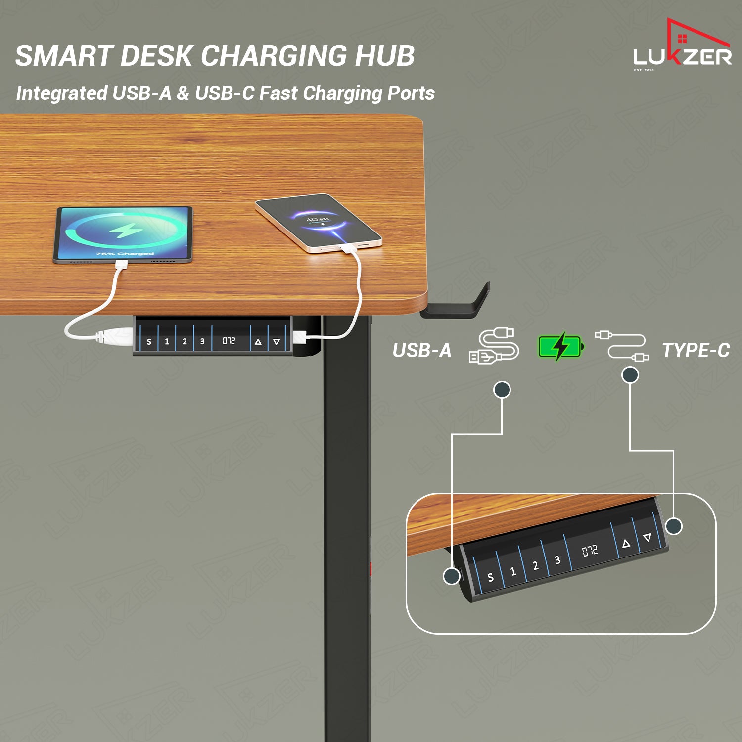 Lukzer Electric Height Adjustable Desk with USB & Type-C Study Table (EST-003/UC-Black & Oak Brown) 3-Years Warranty
