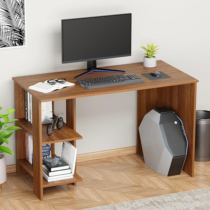 Lukzer Engineered Wood Study Desk with Built-in Bookshelf – ST-007 (White, Wenge &amp; Oak Brown)