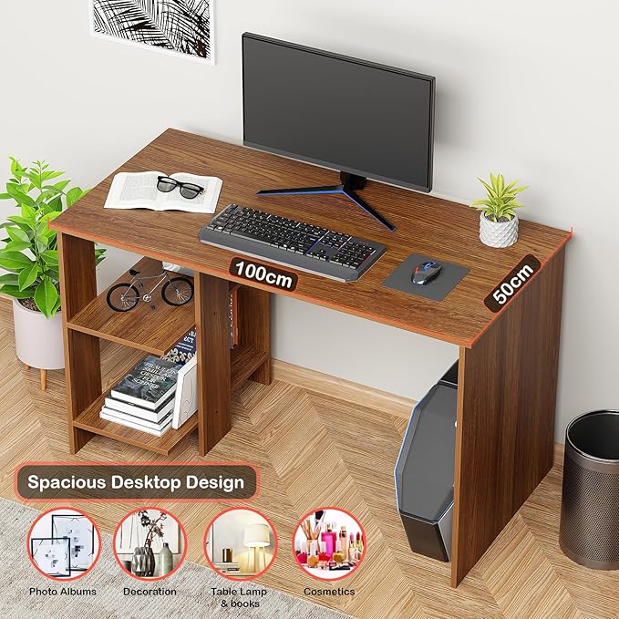 Lukzer Engineered Wood Study Desk with Built-in Bookshelf – ST-007 (White, Wenge &amp; Oak Brown)