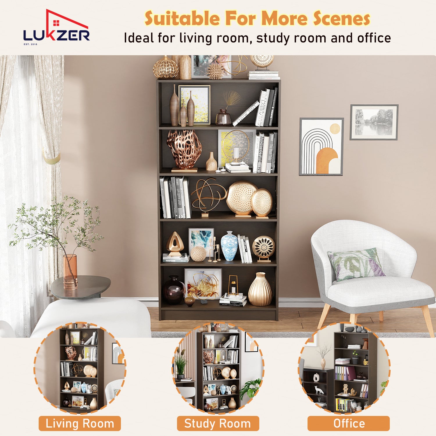 Lukzer Engineered Wood 6 Tier Bookcase Open Bookshelf & Display Rack (MR-032/Wenge)