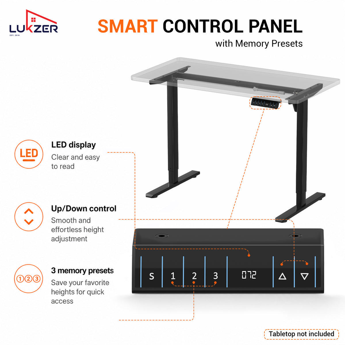 Lukzer Electric Height Adjustable Desk Frame with USB & Type-C Port on Control (EST-003/UC-F/Black)