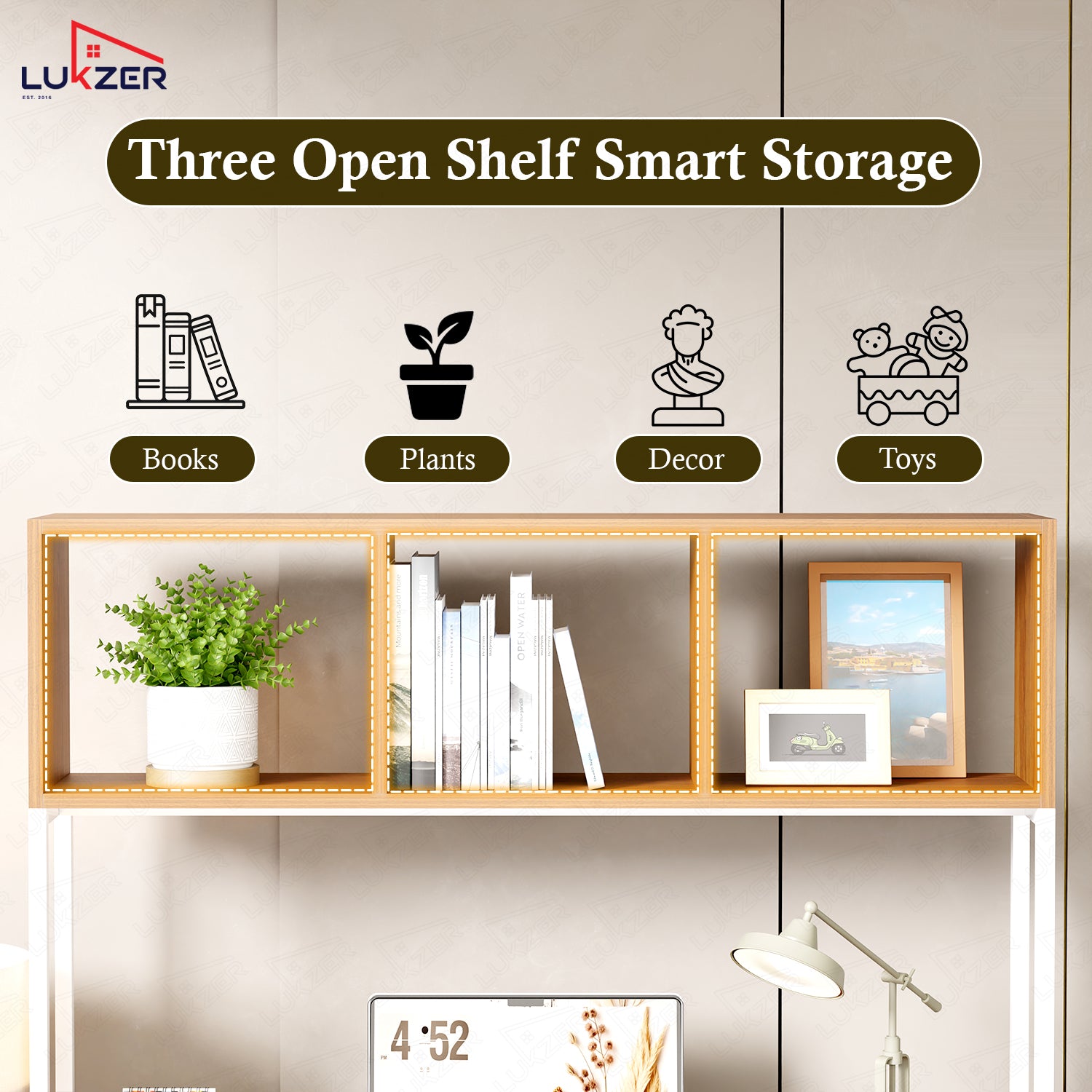 Lukzer Wooden & Metal Study Desk with 3 Storage Shelf & Open Bookshelf for Home (MST-011/White & Oak Brown)