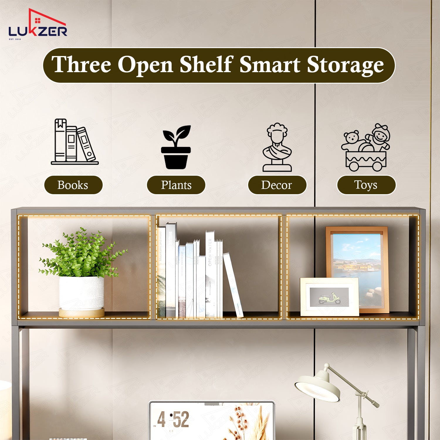 Lukzer Wooden & Metal Study Desk with 3 Storage Shelf & Open Bookshelf for Home (MST-011/Black & Black)