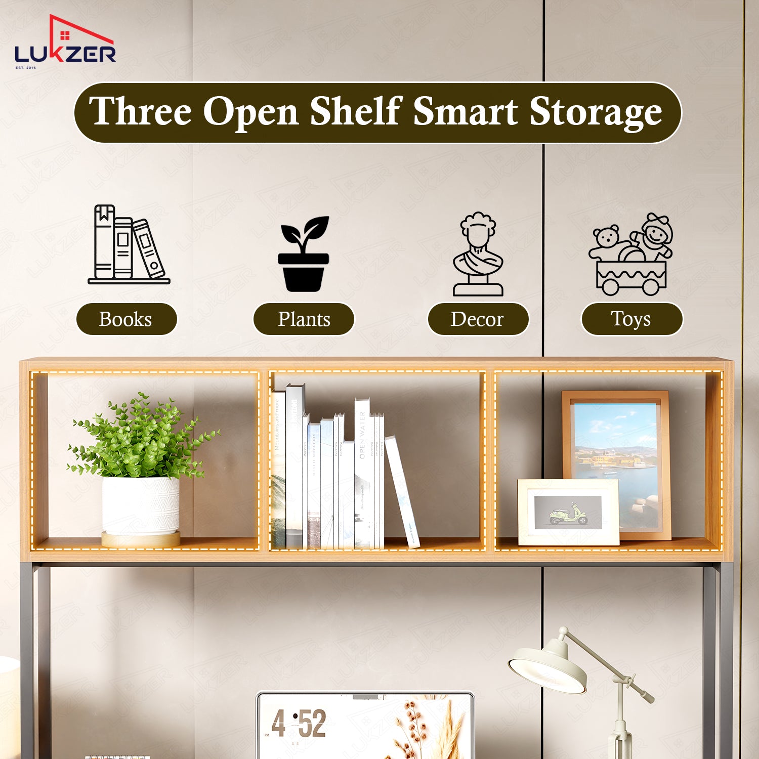 Lukzer Wooden & Metal Study Desk with 3 Storage Shelf & Open Bookshelf for Home (MST-011/Black & Oak Brown)