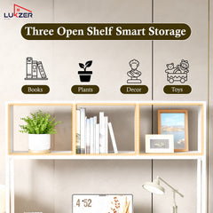 Lukzer Wooden & Metal Study Desk with 3 Storage Shelf & Open Bookshelf for Home (MST-011/White & White)