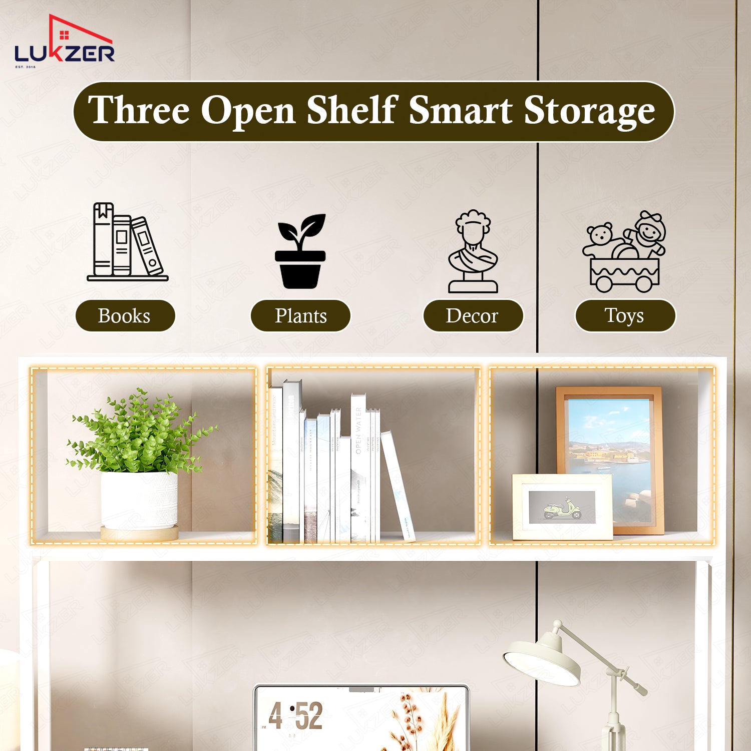 Lukzer Wooden & Metal Study Desk with 3 Storage Shelf & Open Bookshelf for Home (MST-011/White & White)