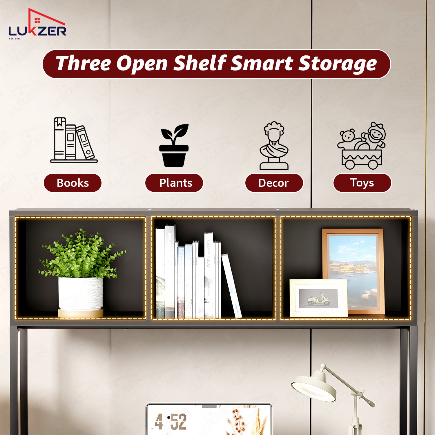 Lukzer Wooden & Metal Study Desk with 3 Storage Shelf & Open Bookshelf for Home (MST-011/Black & Black)