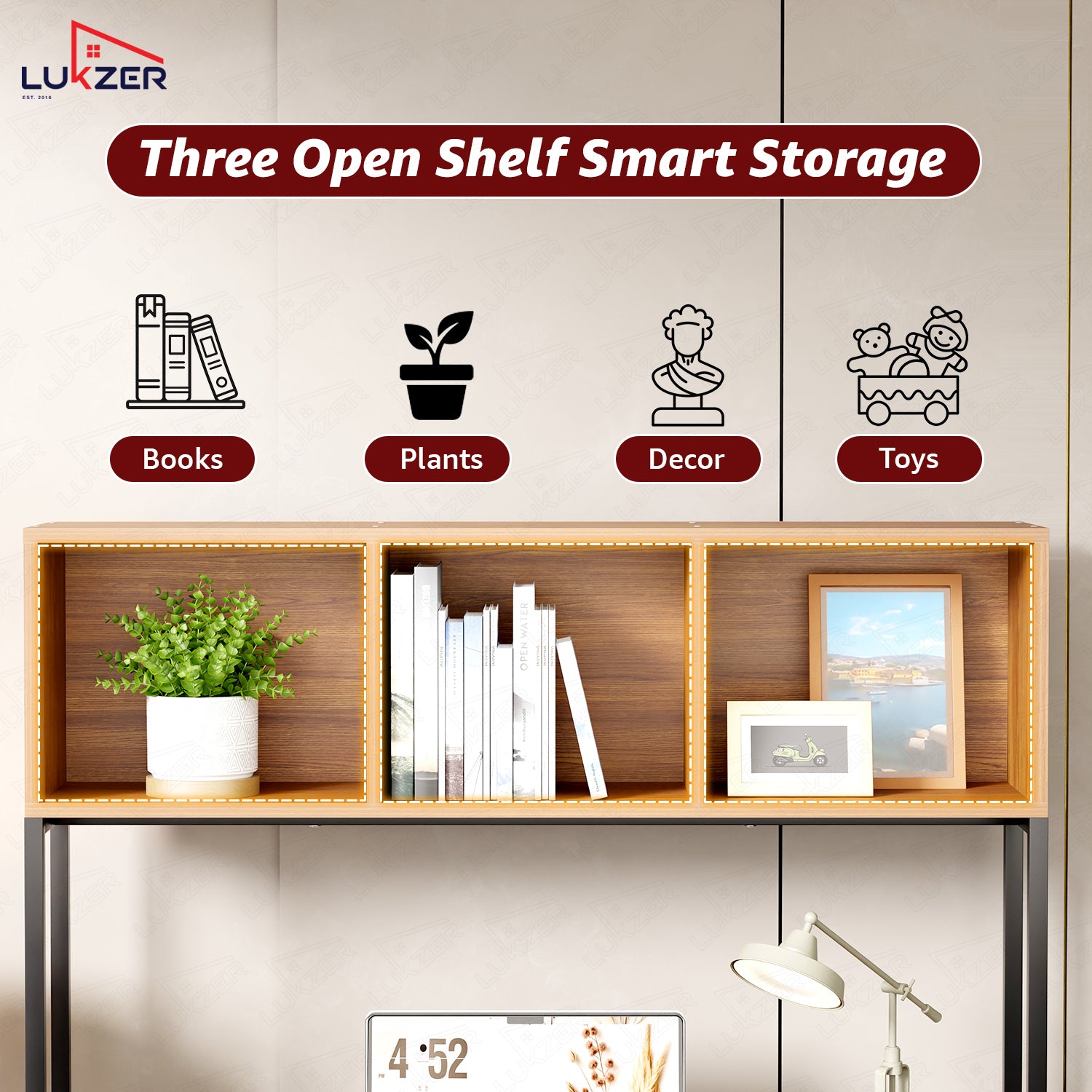 Lukzer Wooden & Metal Study Desk with 3 Storage Shelf & Open Bookshelf for Home (MST-011/Black & Oak Brown)