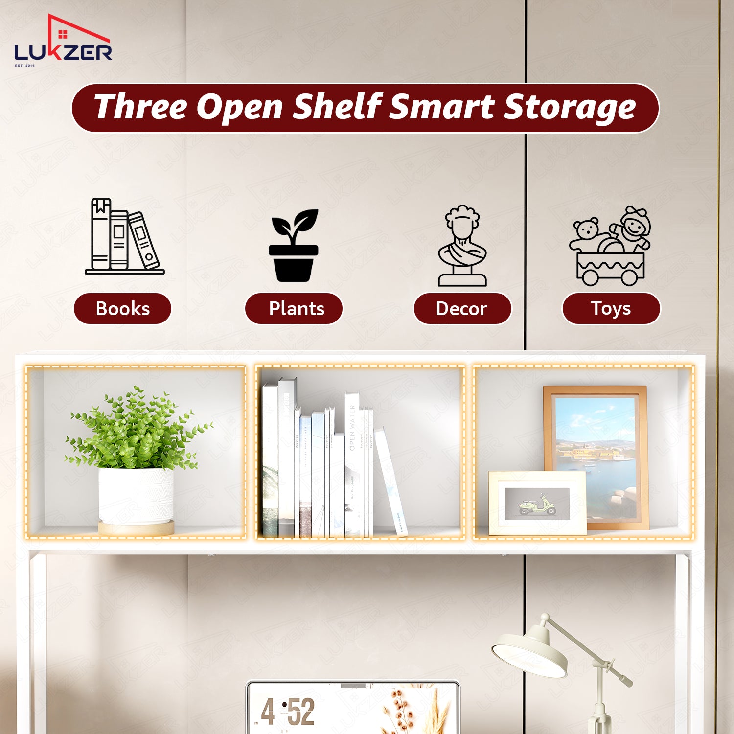 Lukzer Wooden & Metal Study Desk with 3 Storage Shelf & Open Bookshelf for Home (MST-011/White & White)