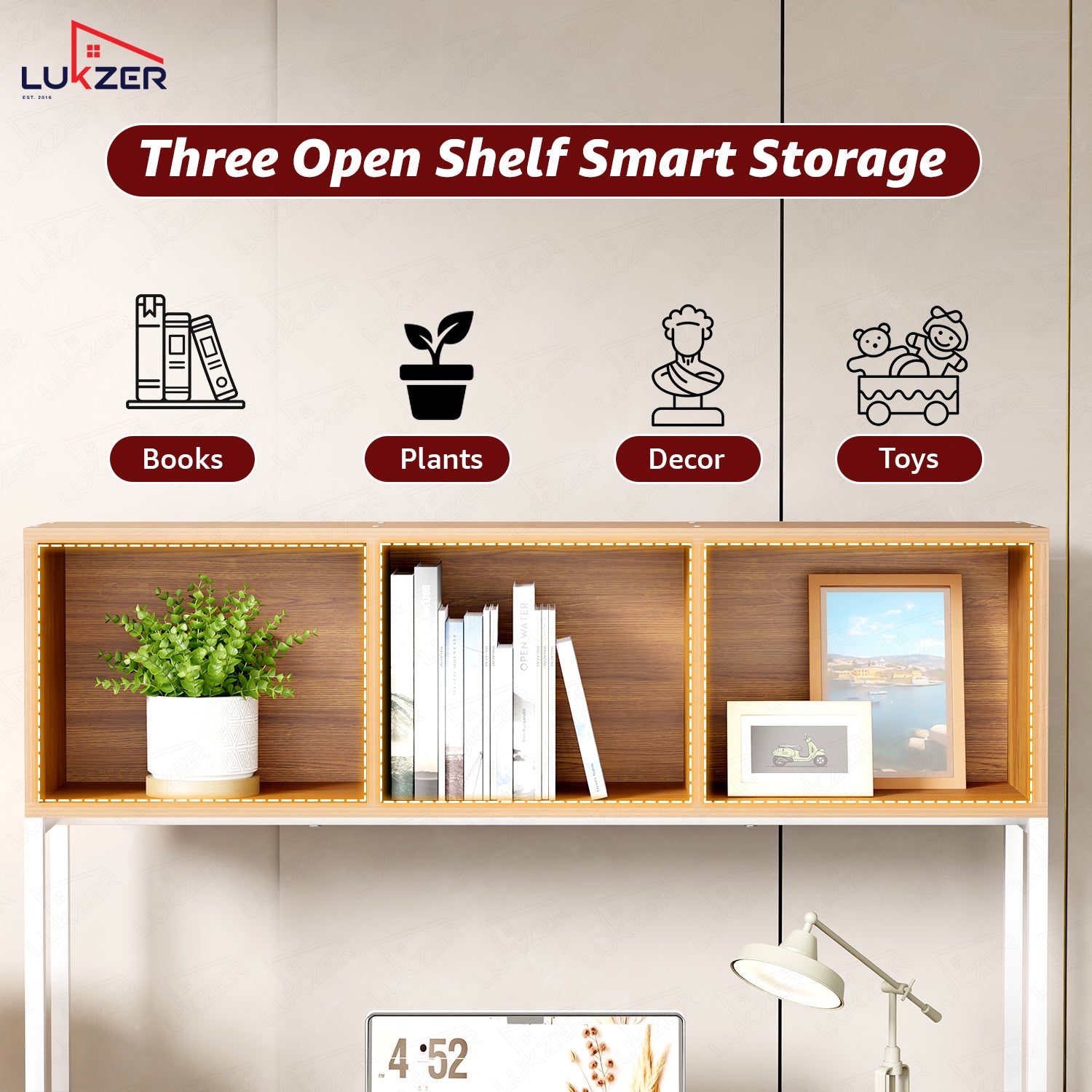Lukzer Wooden & Metal Study Desk with 3 Storage Shelf & Open Bookshelf for Home (MST-011/White & Oak Brown)