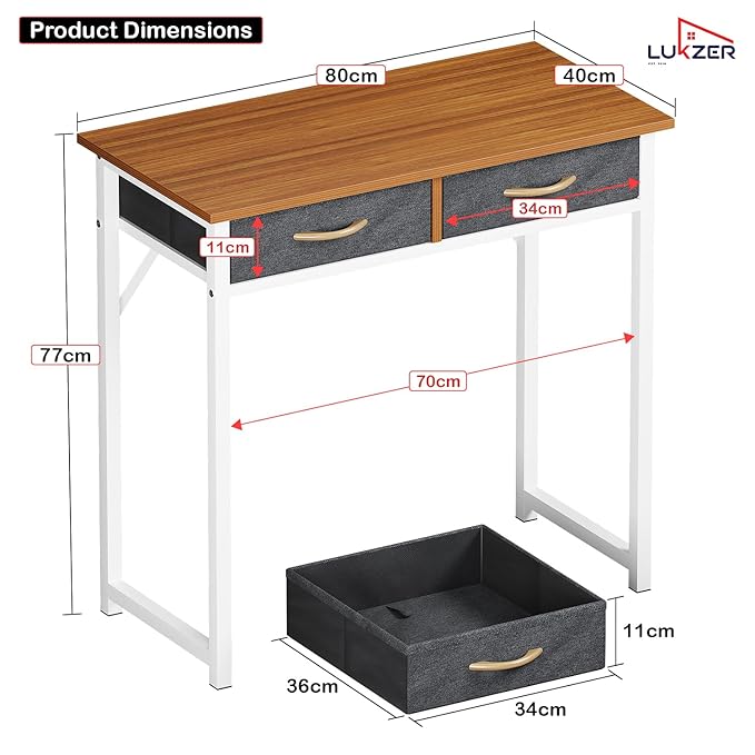 Lukzer Metal Frame Computer Desk – Engineered Wood Top With fabric Drawers (Black Frame/Wenge Board, Black Frame/Oak Brown Board, White Frame/White Board, White Frame/Oak Brown Board) (Model: STM-006)