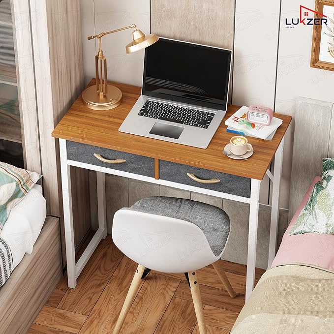 Lukzer Metal Frame Computer Desk – Engineered Wood Top With fabric Drawers (Black Frame/Wenge Board, Black Frame/Oak Brown Board, White Frame/White Board, White Frame/Oak Brown Board) (Model: STM-006)