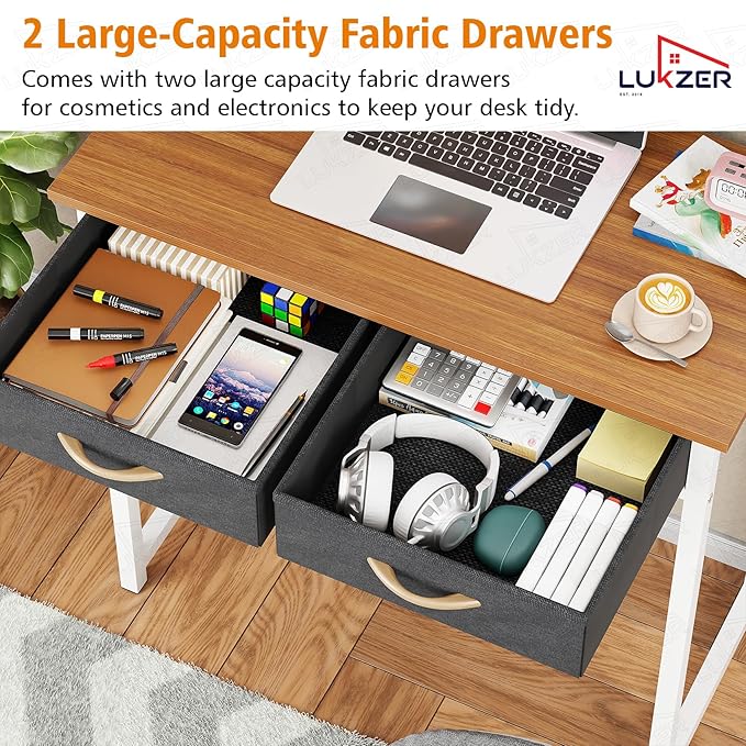 Lukzer Metal Frame Computer Desk – Engineered Wood Top With fabric Drawers (Black Frame/Wenge Board, Black Frame/Oak Brown Board, White Frame/White Board, White Frame/Oak Brown Board) (Model: STM-006)