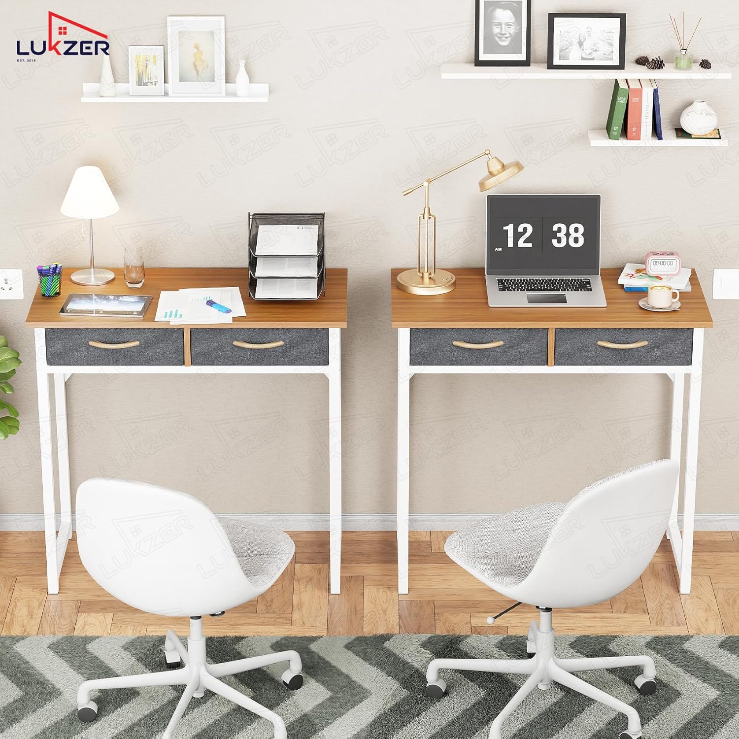 Lukzer Metal Frame Computer Desk – Engineered Wood Top With fabric Drawers (Black Frame/Wenge Board, Black Frame/Oak Brown Board, White Frame/White Board, White Frame/Oak Brown Board) (Model: STM-006)
