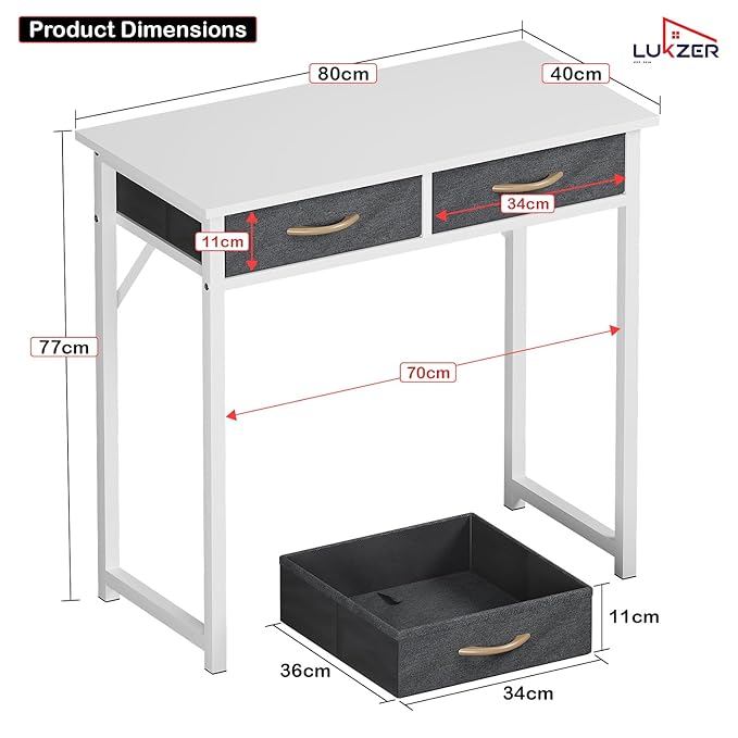 Lukzer Metal Frame Computer Desk – Engineered Wood Top With fabric Drawers (Black Frame/Wenge Board, Black Frame/Oak Brown Board, White Frame/White Board, White Frame/Oak Brown Board) (Model: STM-006)