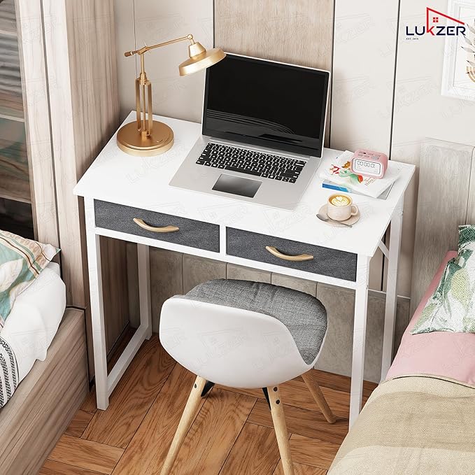Lukzer Metal Frame Computer Desk – Engineered Wood Top With fabric Drawers (Black Frame/Wenge Board, Black Frame/Oak Brown Board, White Frame/White Board, White Frame/Oak Brown Board) (Model: STM-006)