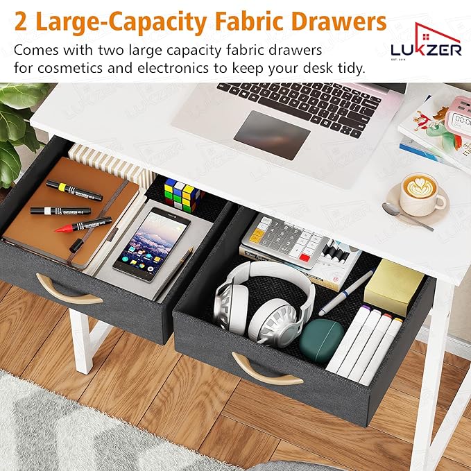 Lukzer Metal Frame Computer Desk – Engineered Wood Top With fabric Drawers (Black Frame/Wenge Board, Black Frame/Oak Brown Board, White Frame/White Board, White Frame/Oak Brown Board) (Model: STM-006)