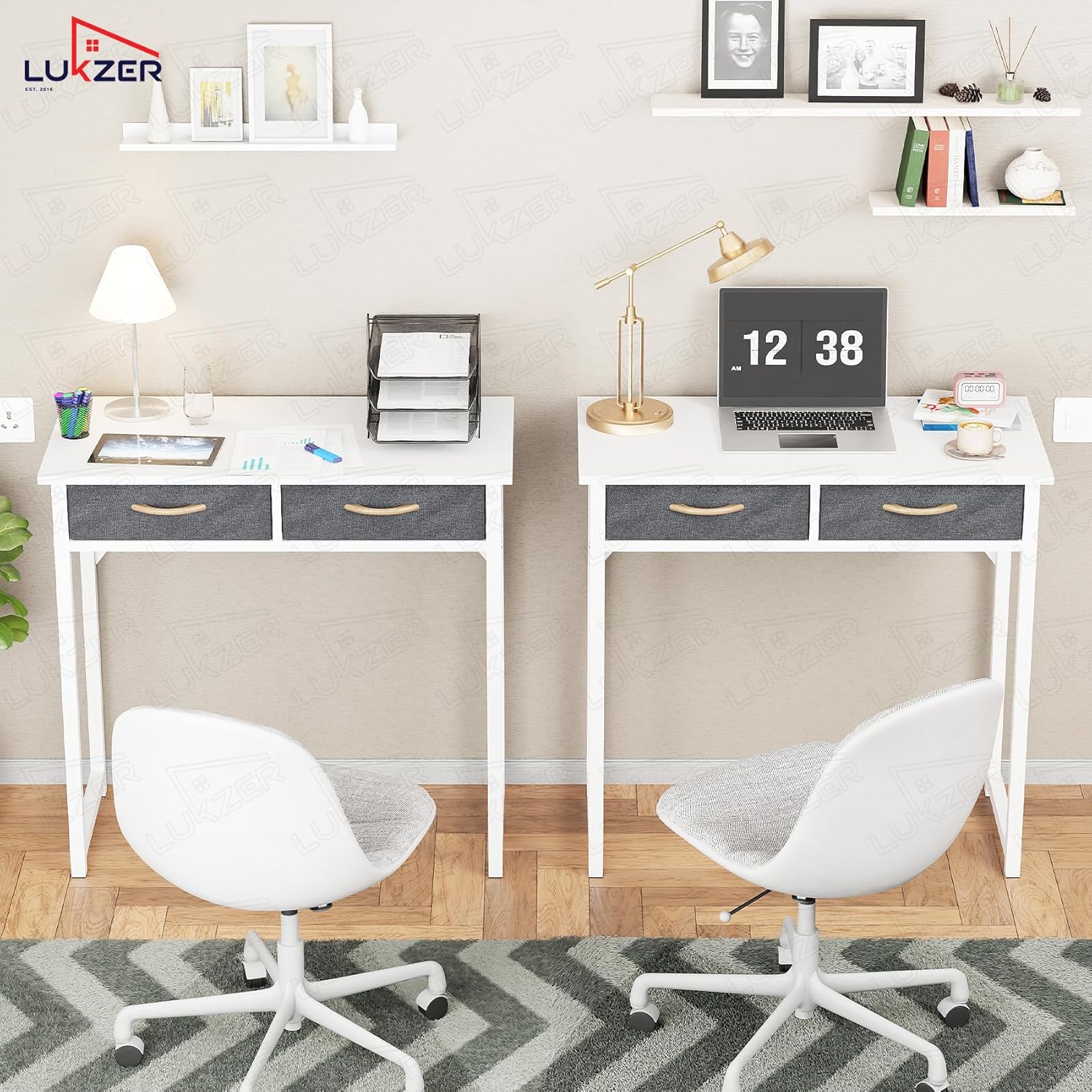 Lukzer Metal Frame Computer Desk – Engineered Wood Top With fabric Drawers (Black Frame/Wenge Board, Black Frame/Oak Brown Board, White Frame/White Board, White Frame/Oak Brown Board) (Model: STM-006)