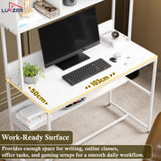 Lukzer Wooden & Metal Study Desk with 3 Storage Shelf & Open Bookshelf for Home (MST-011/White & White)