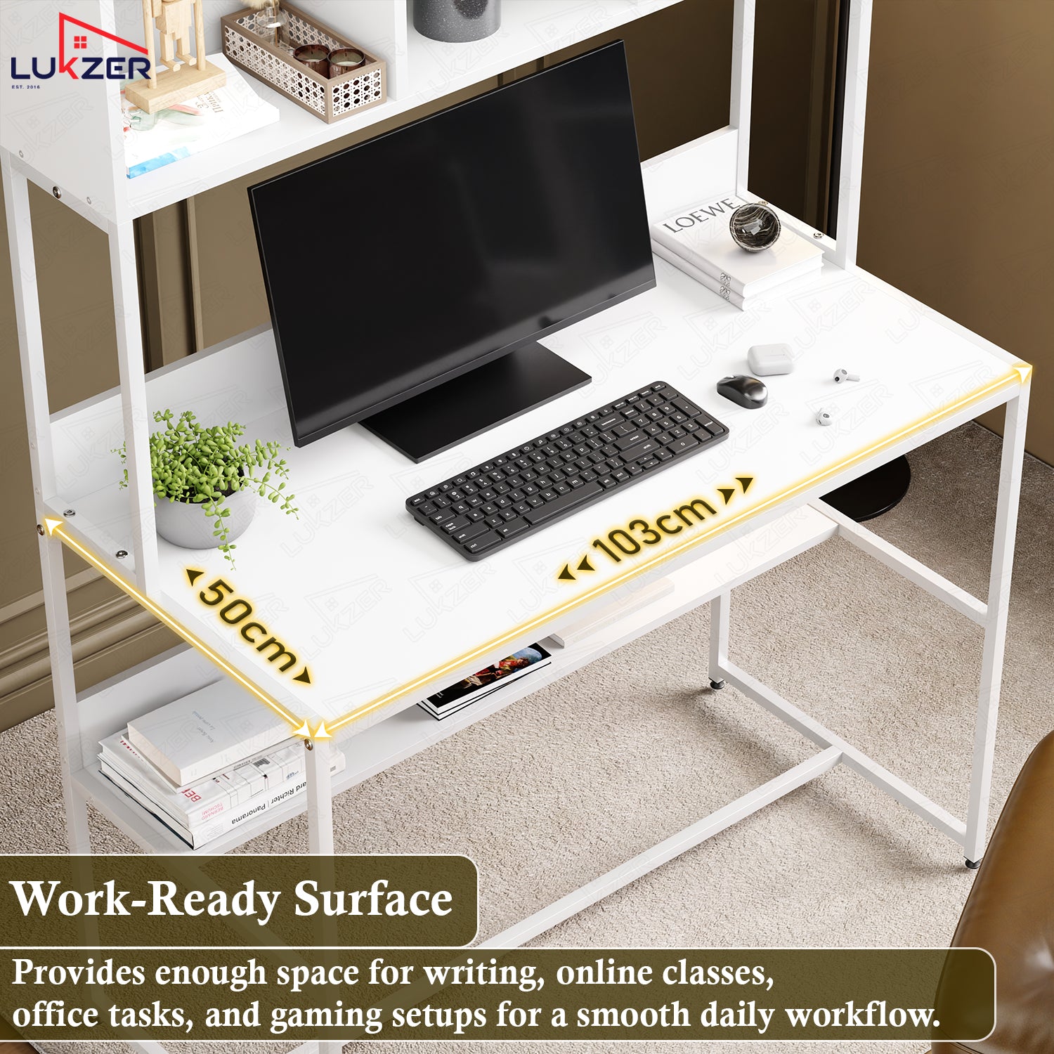 Lukzer Wooden & Metal Study Desk with 3 Storage Shelf & Open Bookshelf for Home (MST-011/White & White)