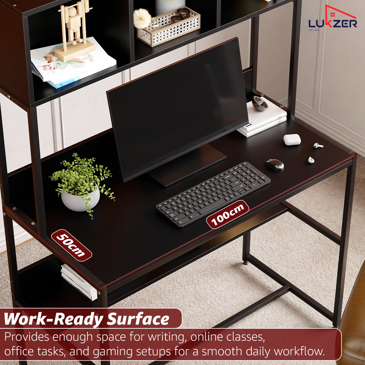Lukzer Wooden & Metal Study Desk with 3 Storage Shelf & Open Bookshelf for Home (MST-011/Black & Black)
