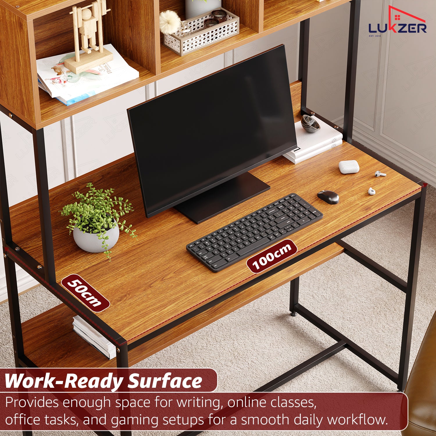 Lukzer Wooden & Metal Study Desk with 3 Storage Shelf & Open Bookshelf for Home (MST-011/Black & Oak Brown)