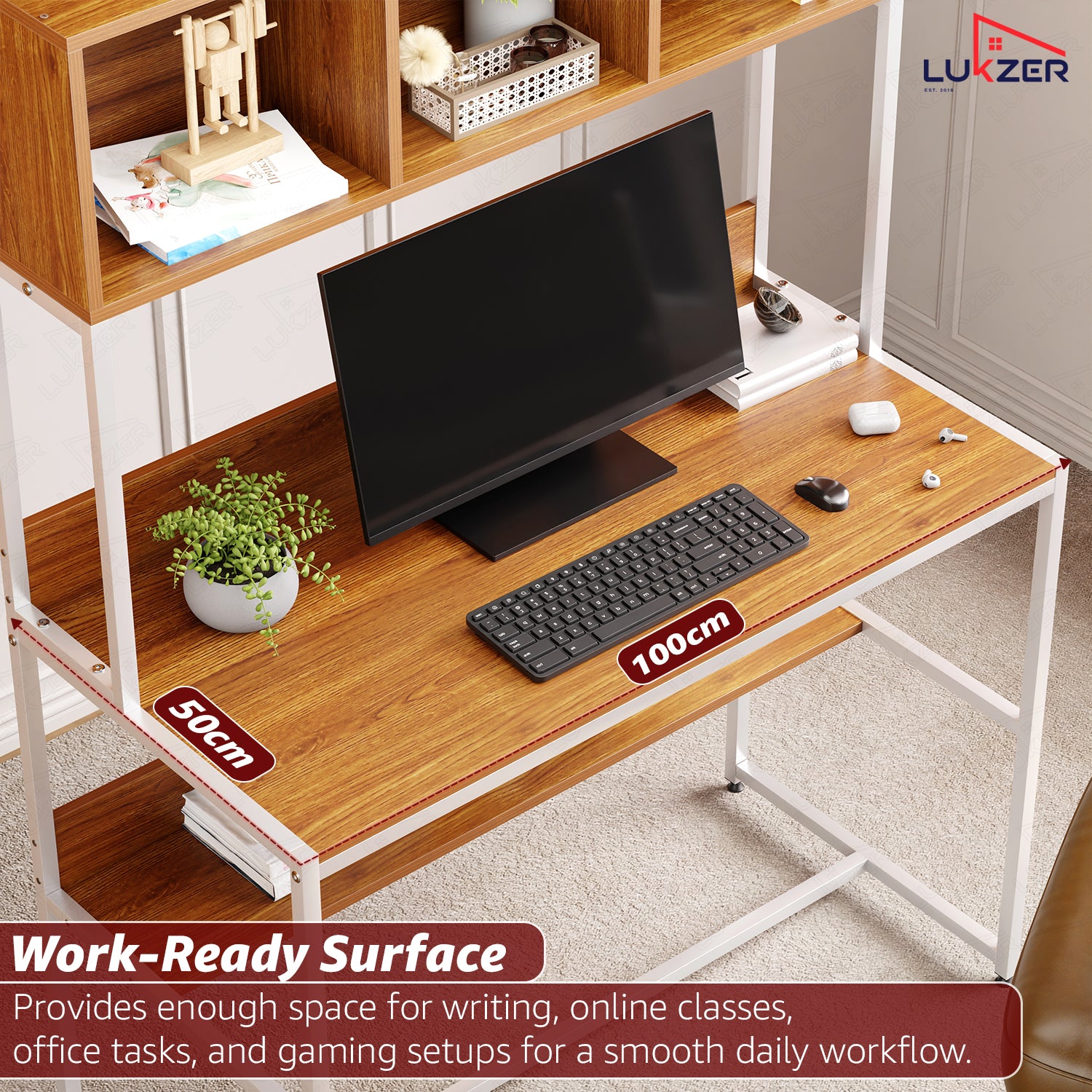 Lukzer Wooden & Metal Study Desk with 3 Storage Shelf & Open Bookshelf for Home (MST-011/White & Oak Brown)