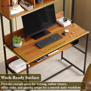 Lukzer Wooden & Metal Study Desk with 3 Storage Shelf & Open Bookshelf for Home (MST-011/Black & Oak Brown)