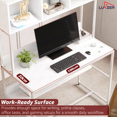 Lukzer Wooden & Metal Study Desk with 3 Storage Shelf & Open Bookshelf for Home (MST-011/White & White)