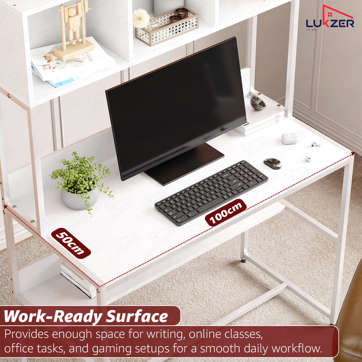 Lukzer Wooden & Metal Study Desk with 3 Storage Shelf & Open Bookshelf for Home (MST-011/White & White)
