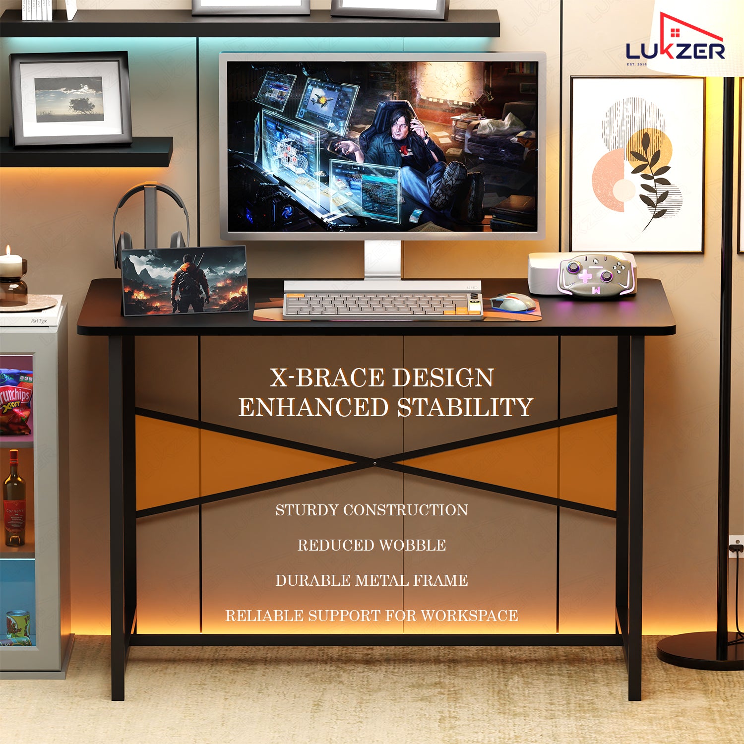 Lukzer Engineered Wood Study Table with X-Support Metal Frame & Adjustable Footpad (MST-009/Black & Black)