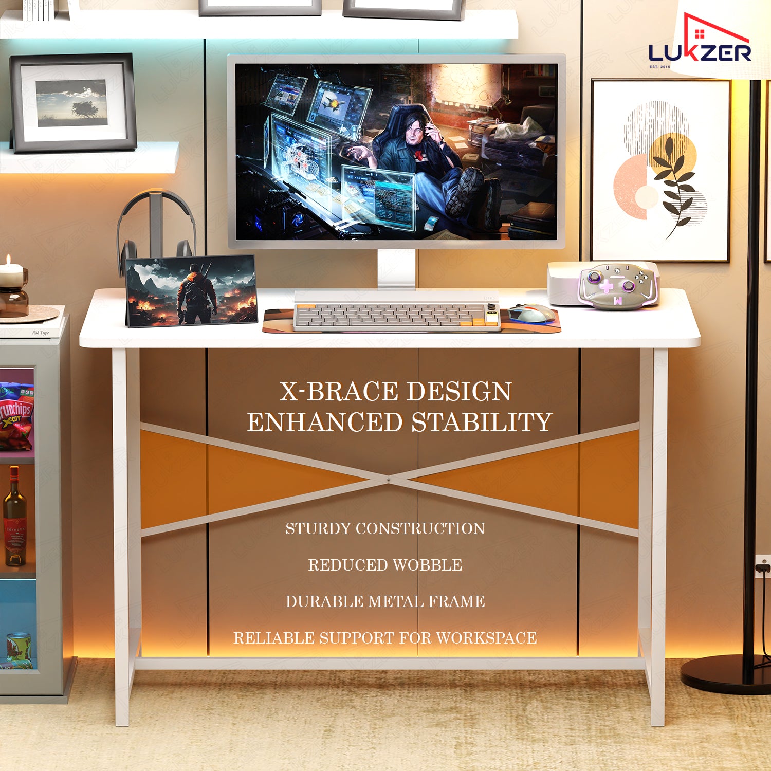 Lukzer Engineered Wood Study Table with X-Support Metal Frame & Adjustable Footpad (MST-009/White & White)