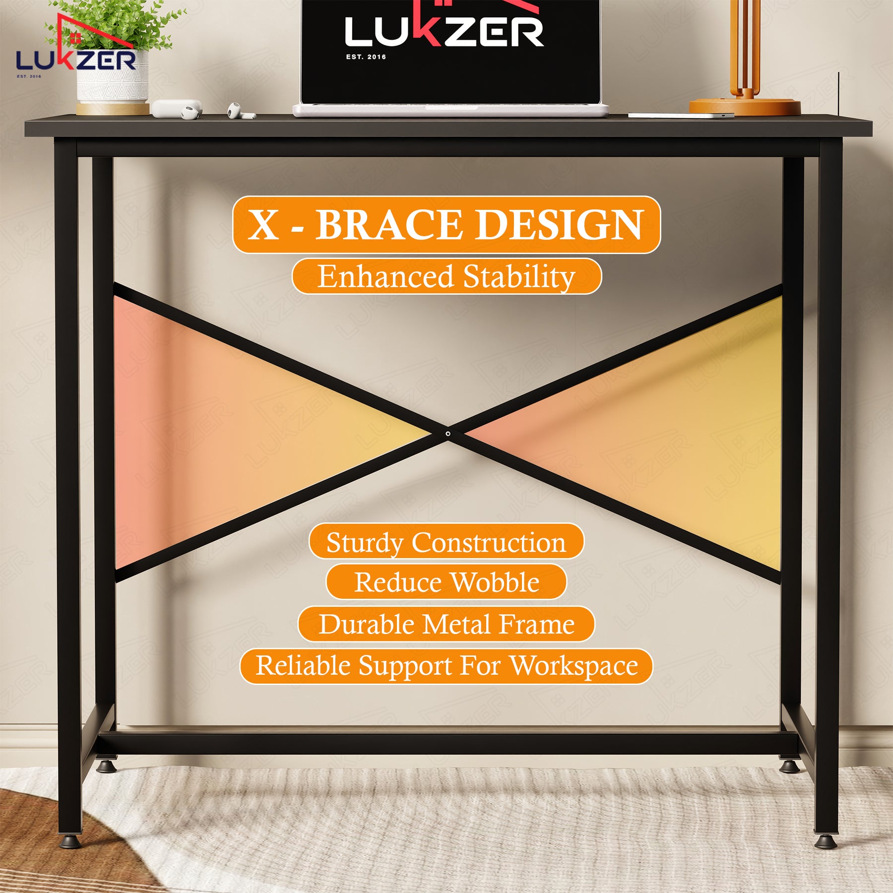 Lukzer X-Support Metal Frame & Engineered Wood Study Table for Home & Office (MST-008) Black &  Black