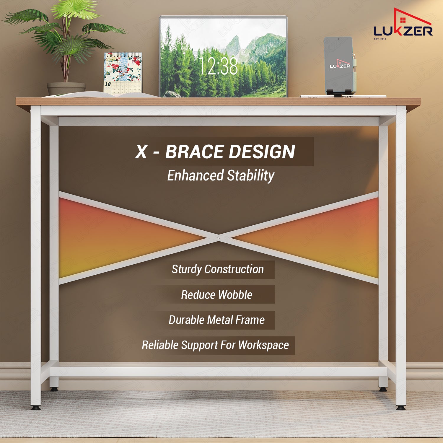 Lukzer X-Support Metal Frame & Engineered Wood Study Table for Home & Office (MST-008) white &  Oak Brown