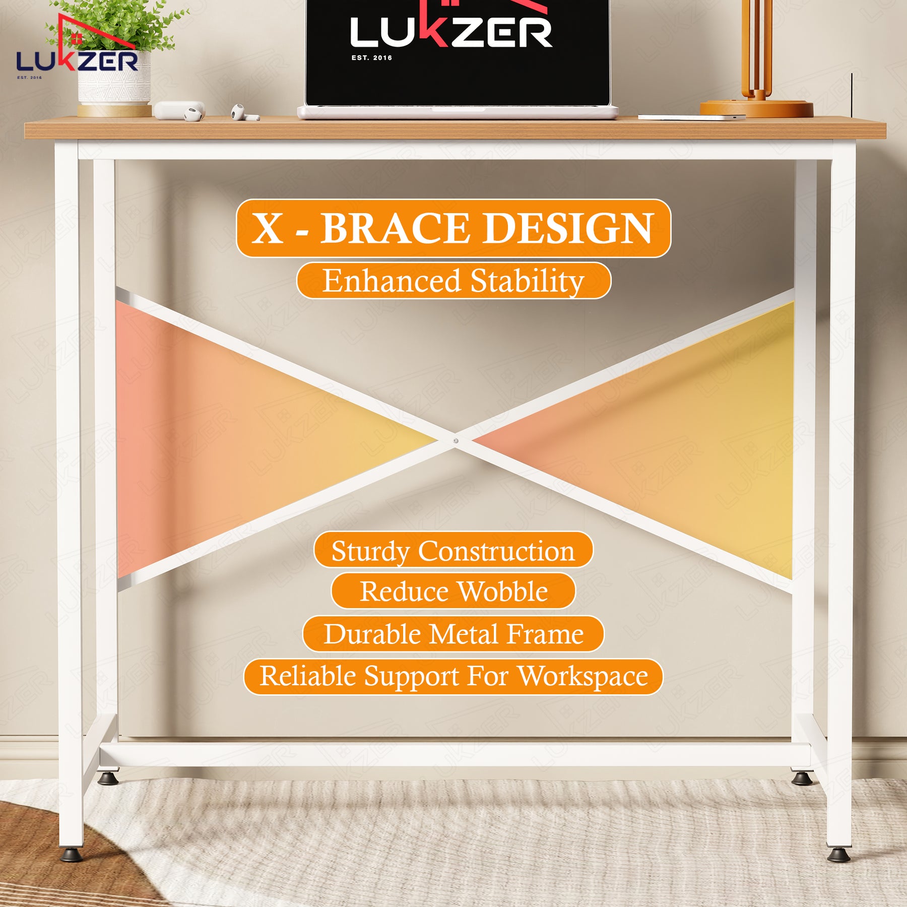 Lukzer X-Support Metal Frame & Engineered Wood Study Table for Home & Office (MST-008) white &  Oak Brown